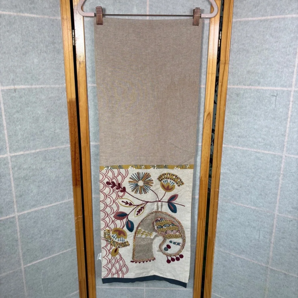 Pier 1 Imports Table Runner 13x72 Tan Embroidered Boho Floral Bird Applique